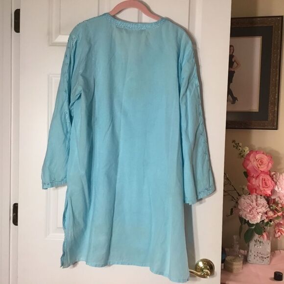 Double Decker Women’s Size Plus Light Turquoise Tunic Top with Embroidery Detail - Picture 6 of 11
